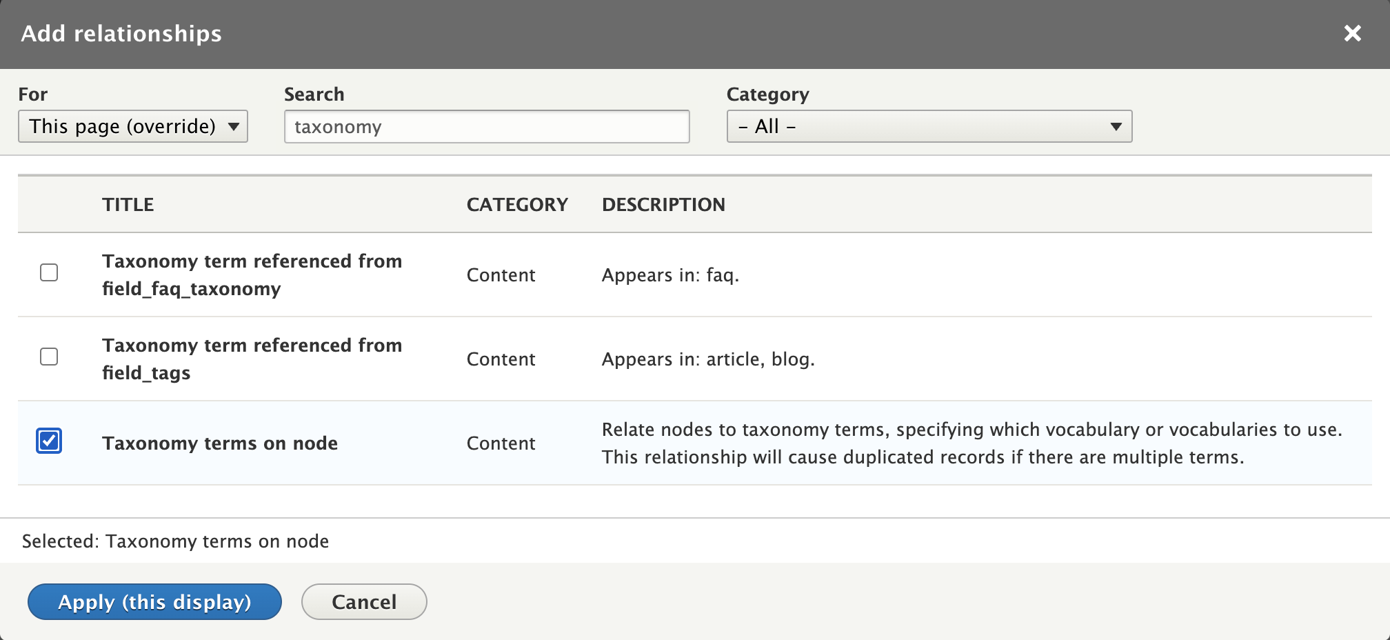 Taxonomy terms on node