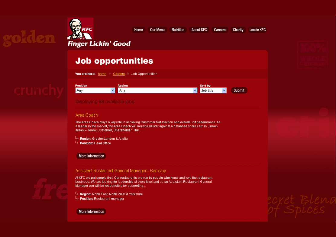 KFC Jobs web page